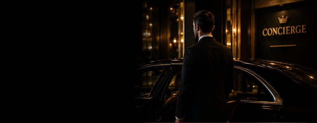 A chauffeur holding open the rear door of a car outside a lit concierge entrance