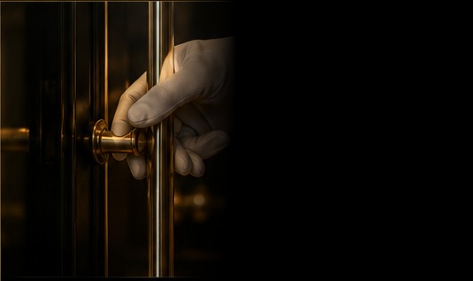 A white-gloved concierge opening a brass door