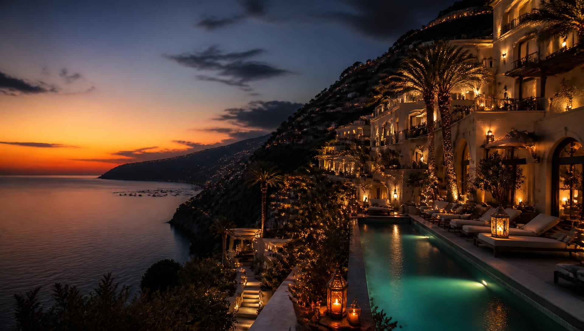 Cliffside resort terraces lit at dusk above a calm sea