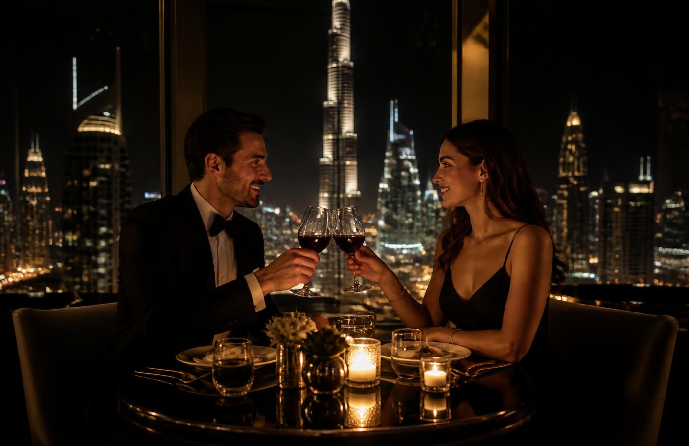 Couple in evening wear toasting wine glasses at a candlelit table above a lit city skyline