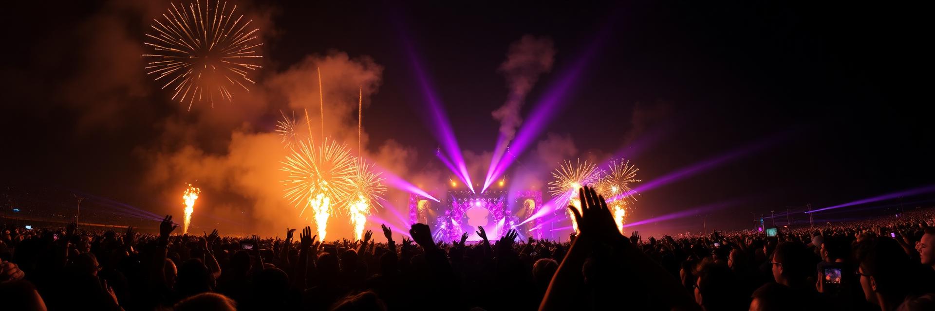Festival crowd beneath golden and purple fireworks