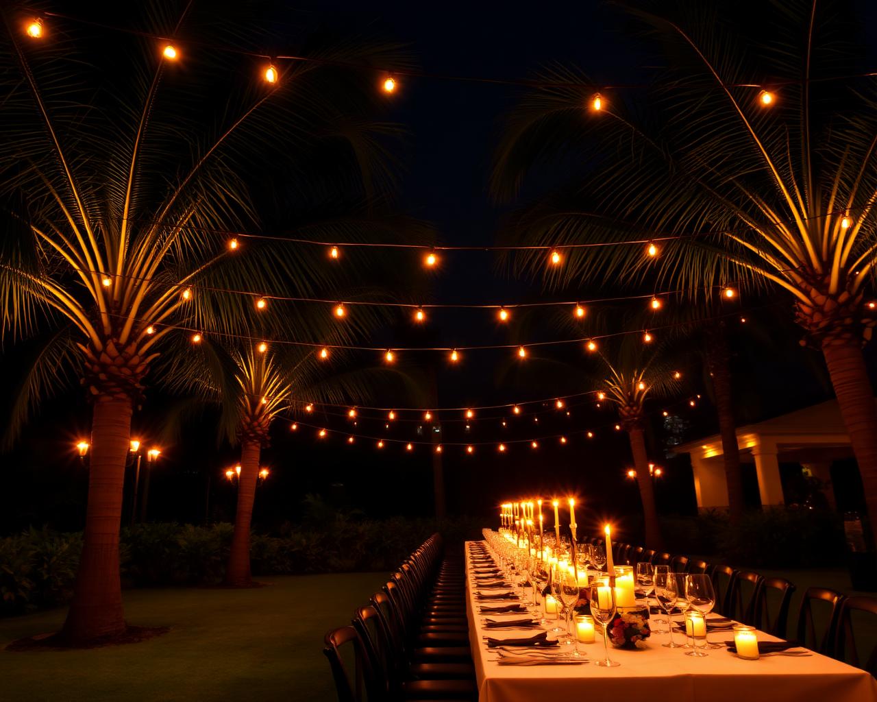 Candlelit private celebration beneath palm trees