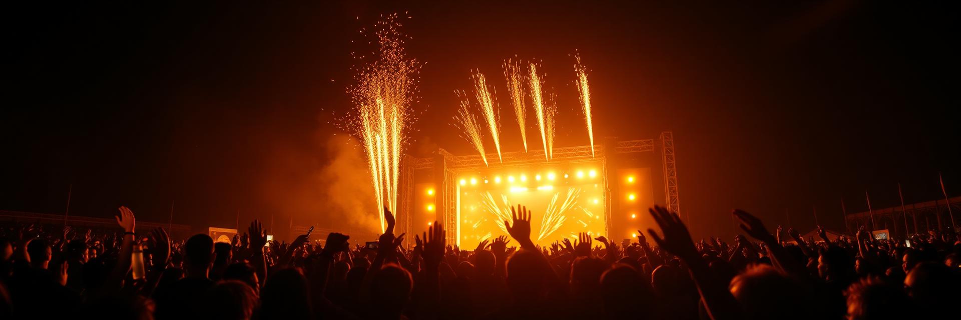 Concert crowd before a pyrotechnic stage at night