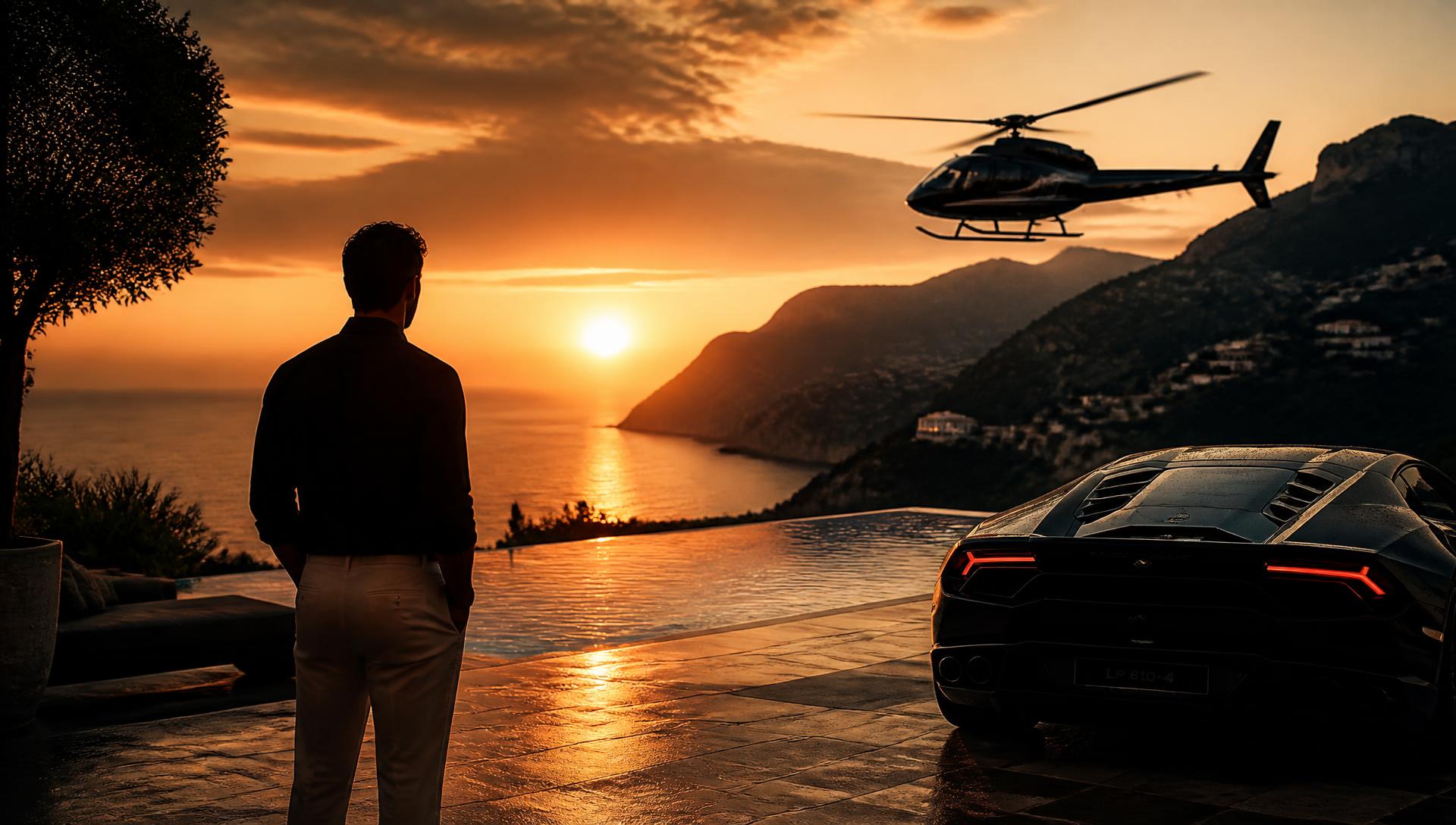 Sunset terrace with a helicopter and a black supercar overlooking the coast