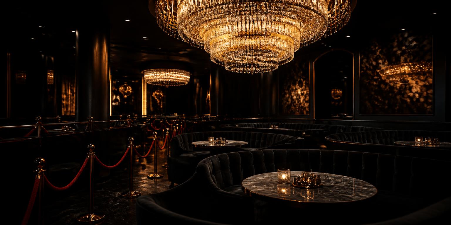 Gold chandelier above velvet booths in a members' nightclub lounge