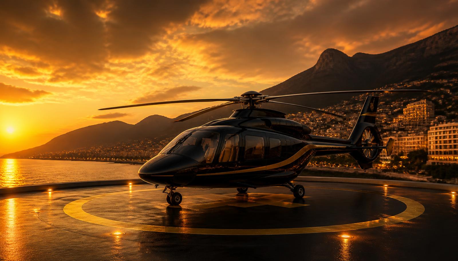 Black private helicopter on a gold-lit helipad at sunset beside a coastal city