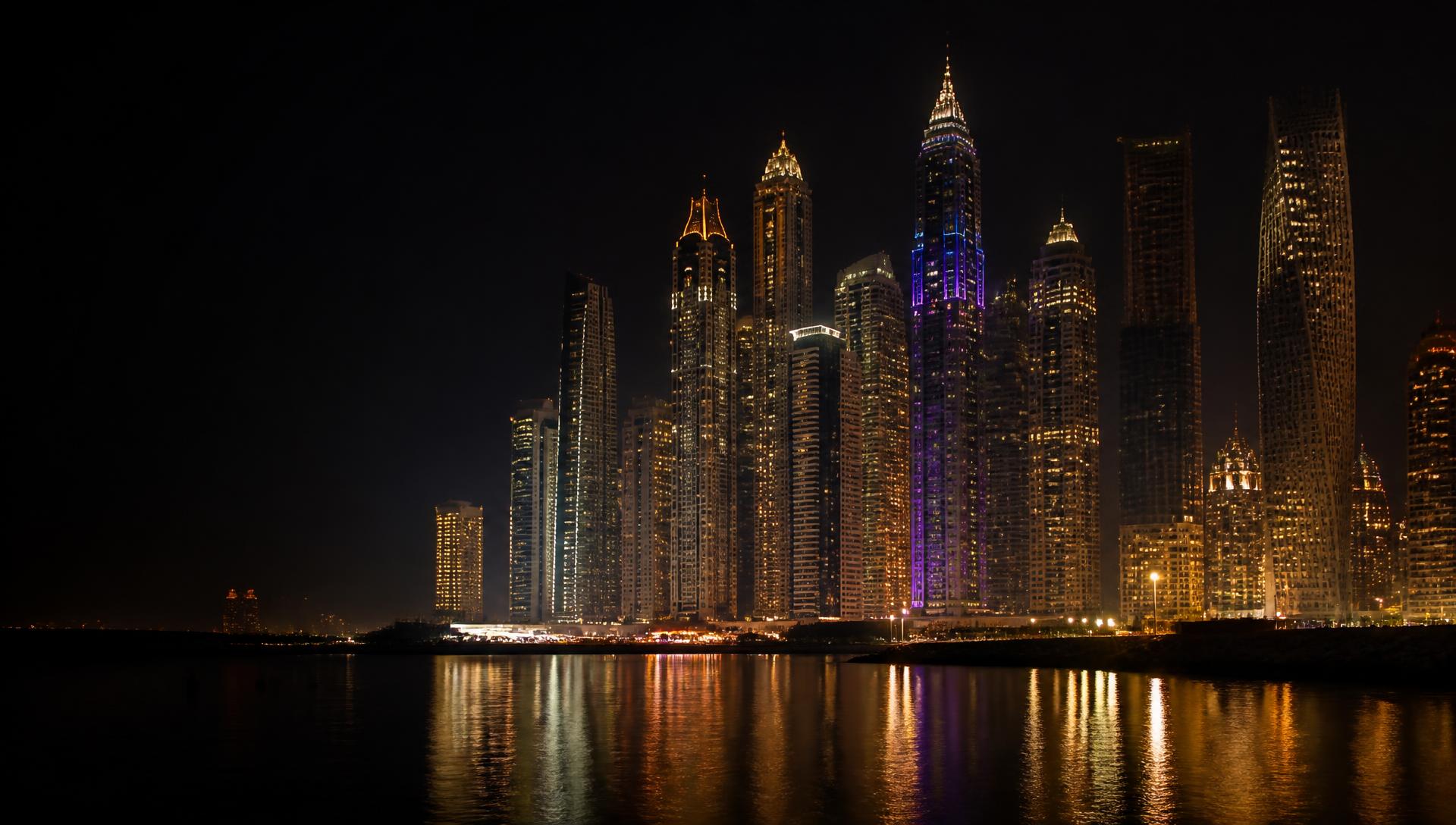 Dubai marina skyline at night