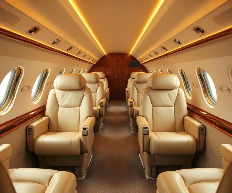 Cream leather seats inside a private jet cabin