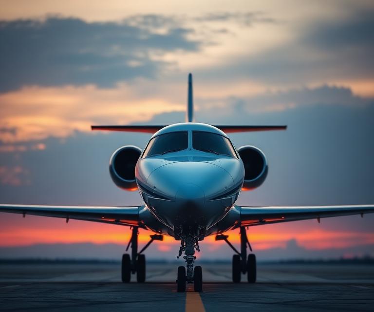 Private jet seen head-on at sunset on the runway