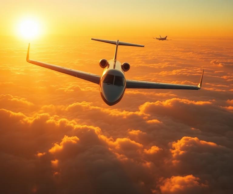 Private jet in flight above golden clouds at sunset