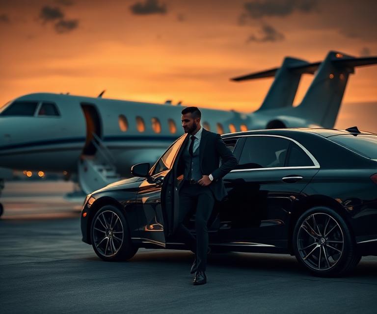 Guest stepping from a black car onto the tarmac beside a private jet