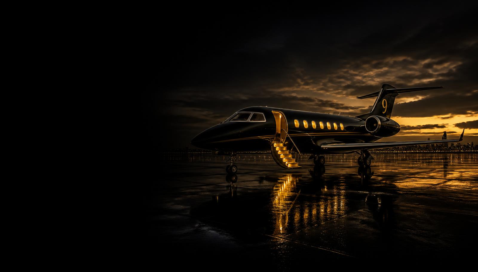 Private jet on a reflective tarmac at sunset with its airstairs lit