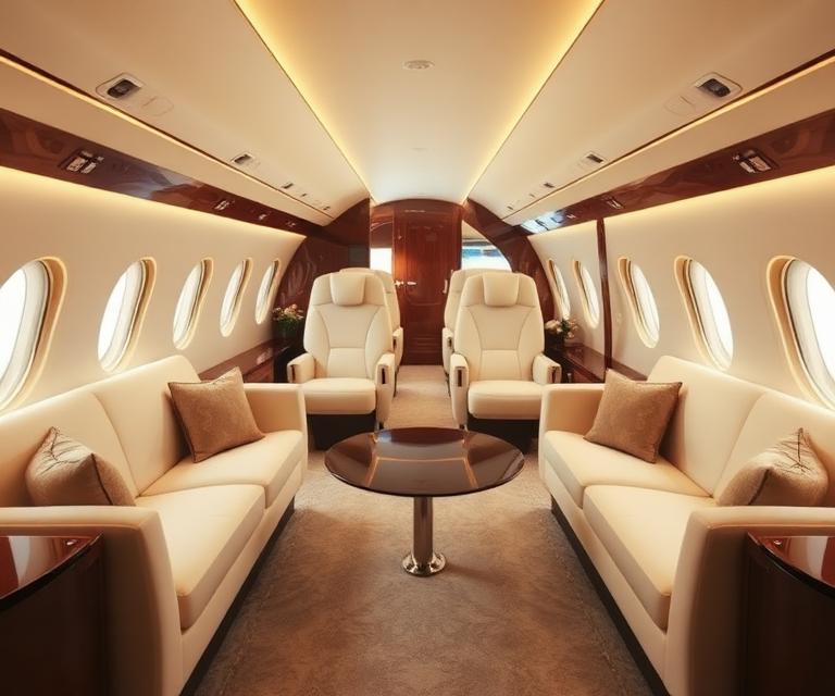 Lounge seating inside a long range private jet