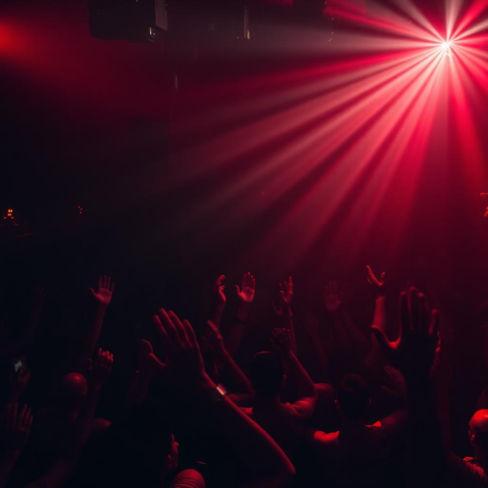 Crowd under stage lights at a nightclub