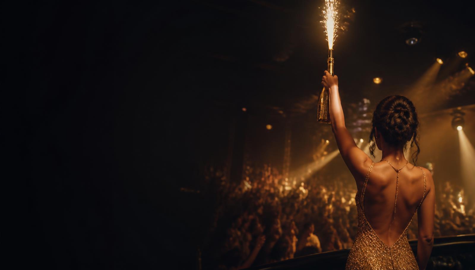 Nightclub crowd lit in gold with a champagne sparkler raised above the floor