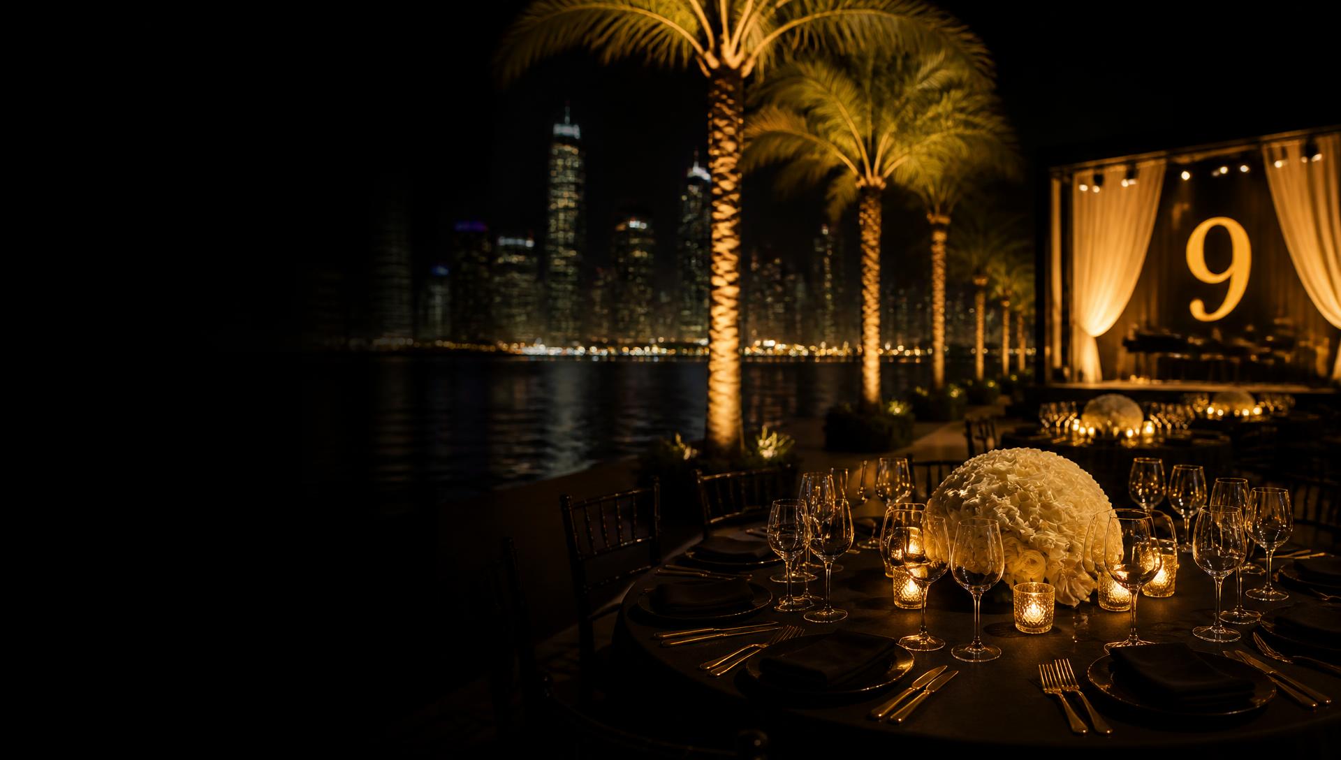Candlelit round banquet table with white roses at a private waterfront event at night