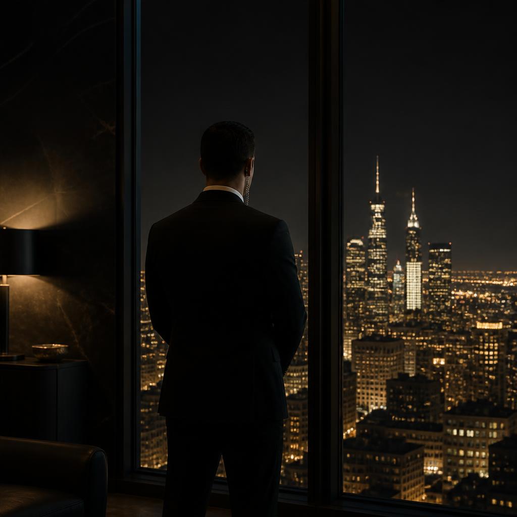 Security professional watching a city skyline at night from a high window