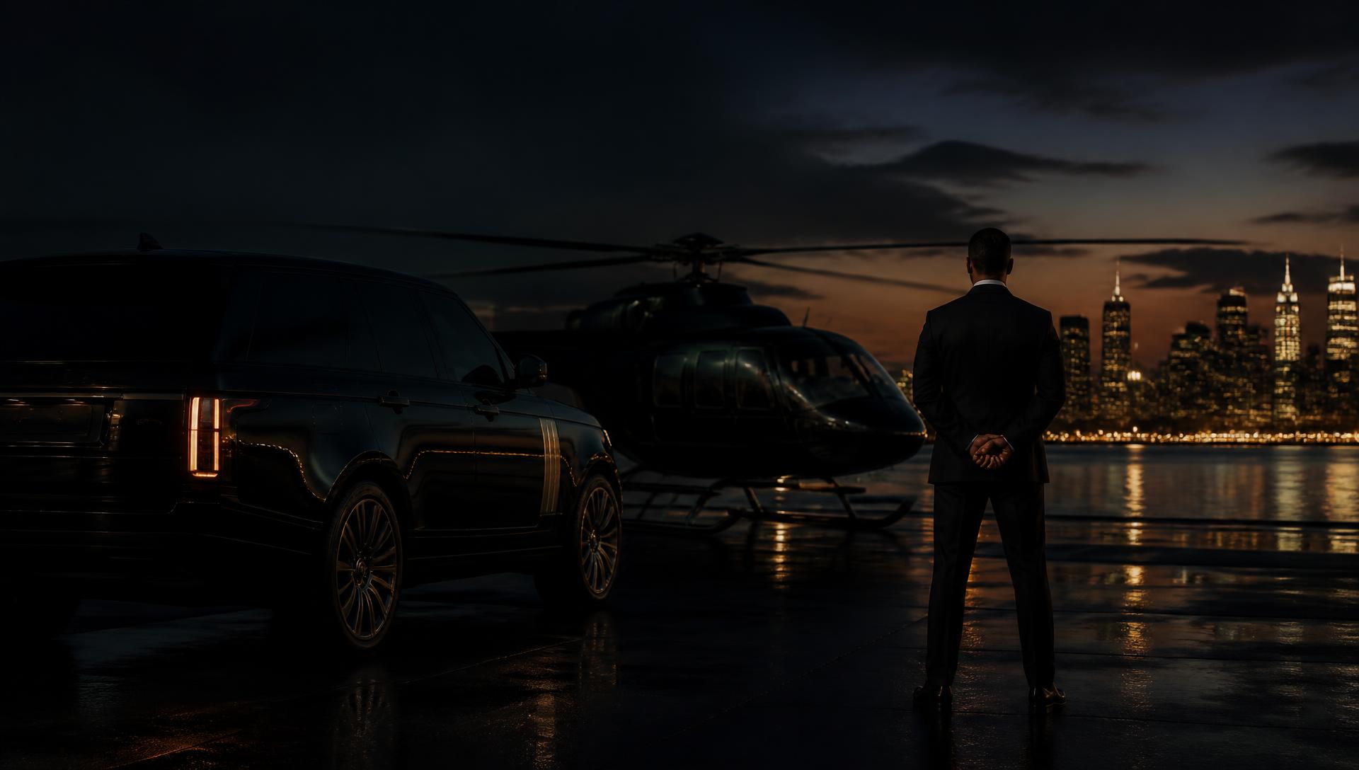 Close protection officer beside a black SUV and executive helicopter at night with a city skyline