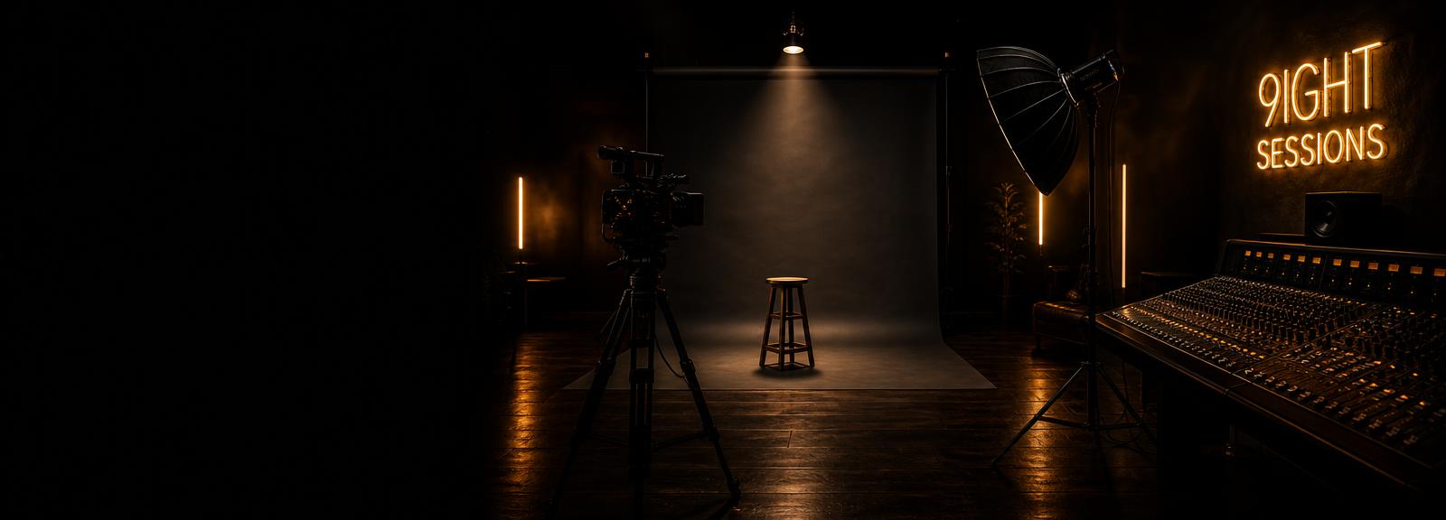 Dark production studio: cinema camera on a tripod before a lit backdrop, a stool under a spotlight and a mixing console beneath a 9IGHT SESSIONS neon sign