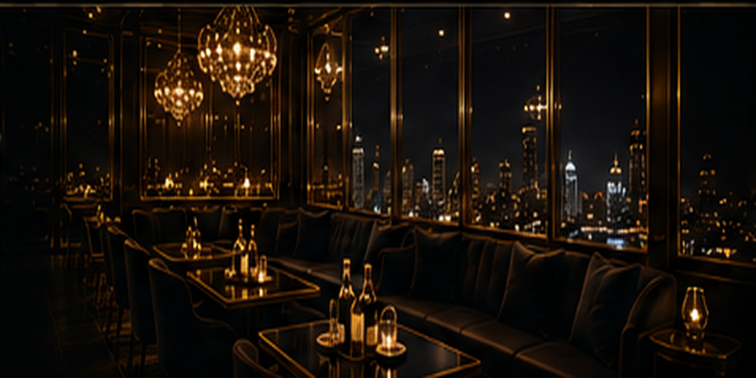 VIP table with champagne on ice in a dark gold-lit nightclub lounge