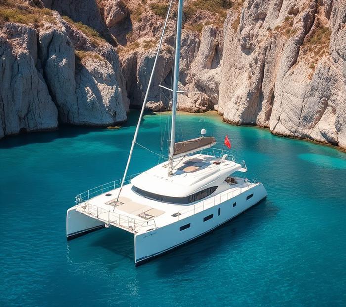 Luxury catamaran anchored in a turquoise bay
