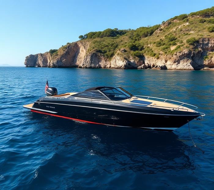 Dark day cruiser moored beside a cliff coastline