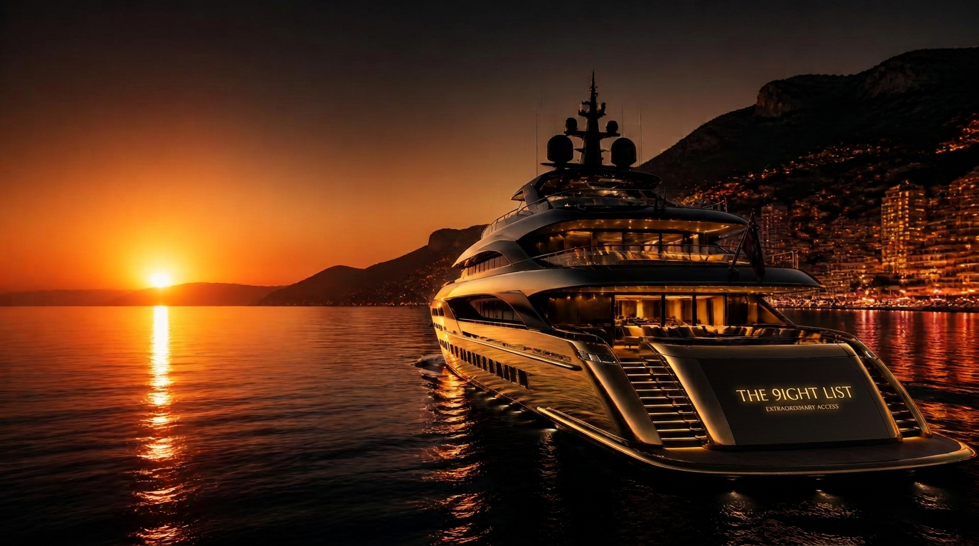 Superyacht lit in gold at sunset off a mountainous coastline