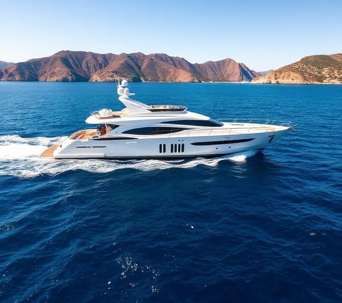 White motor yacht cruising on open blue sea