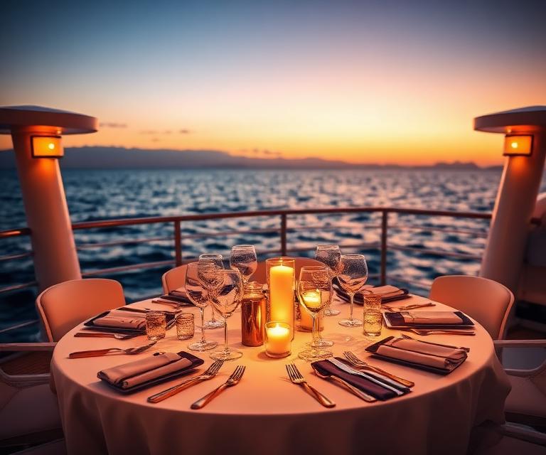 Candlelit celebration table set on a yacht deck