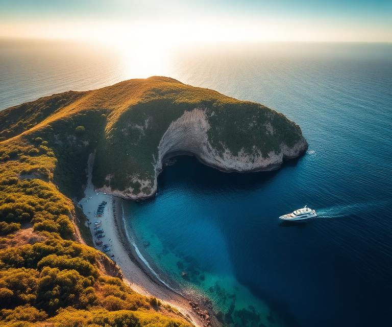Green headland surrounded by deep blue sea