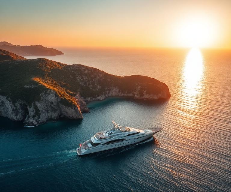 Yacht cruising along a rugged island coastline