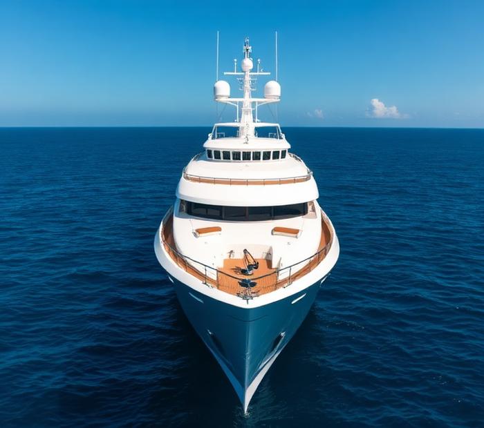 Large superyacht seen from the bow on open sea